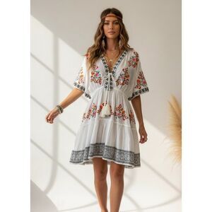 Sundance Beach Summer Dress Cover Up Boho Bohemian Embroidered Medium White Flor